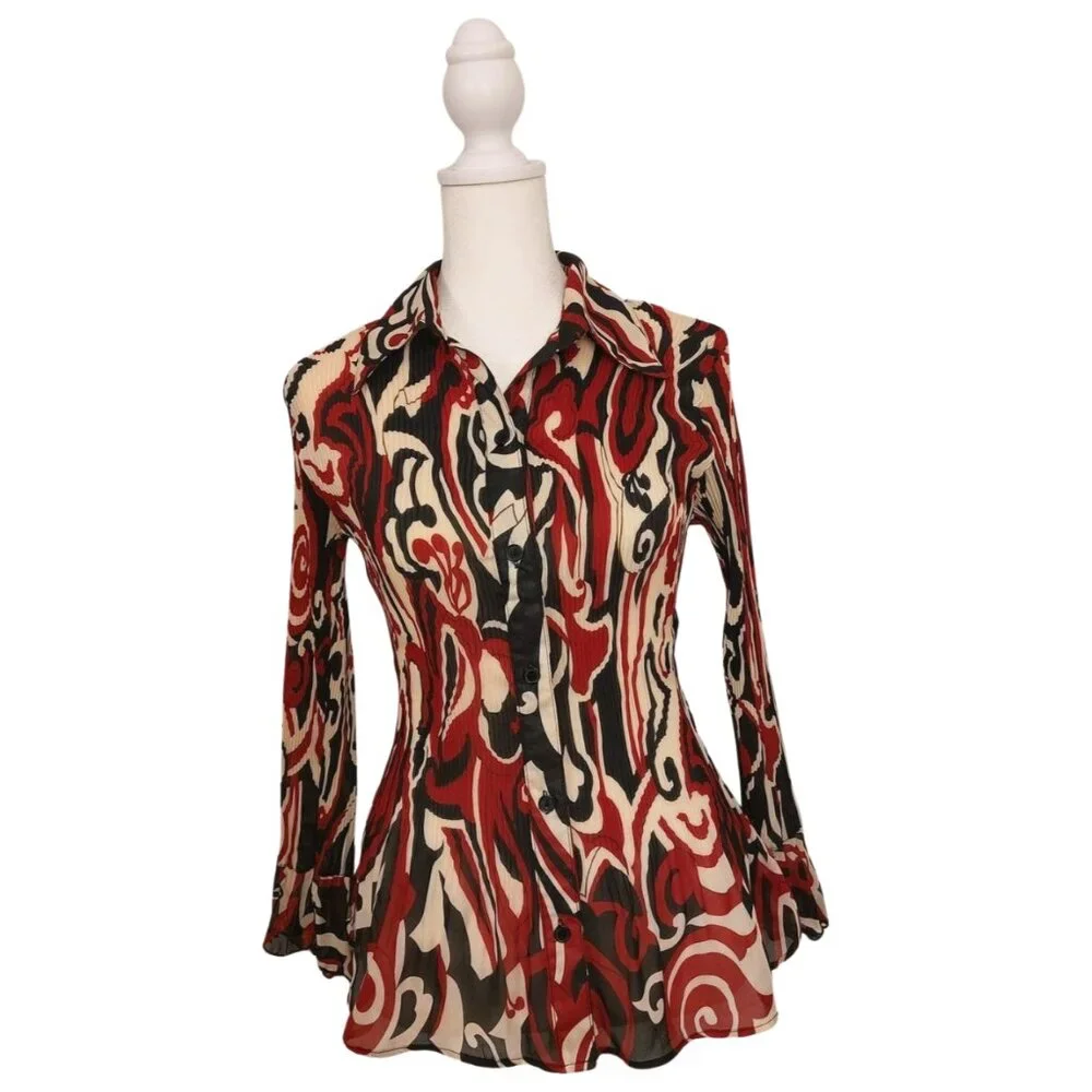 Vintage Y2K 90s Sere Nade Abstract Red Design Long Sleeve Plisse Blouse Medium - Picture 1 of 6